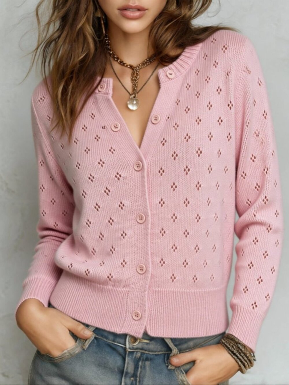 Pink Casual Women's Hollow Out Long Sleeve Lightweight Cardigan